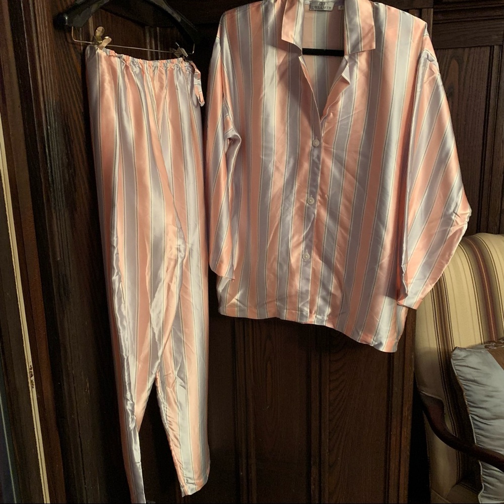 Dreamer silk 2 piece shirt pant pj set in striped pink/light gray - Small